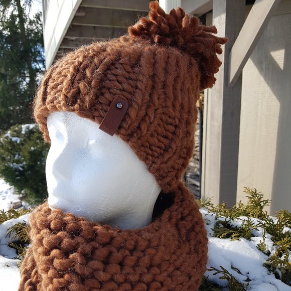 Knitted Hat and Scarf, wool made winter set, cinnamon - Picture 6 of 7